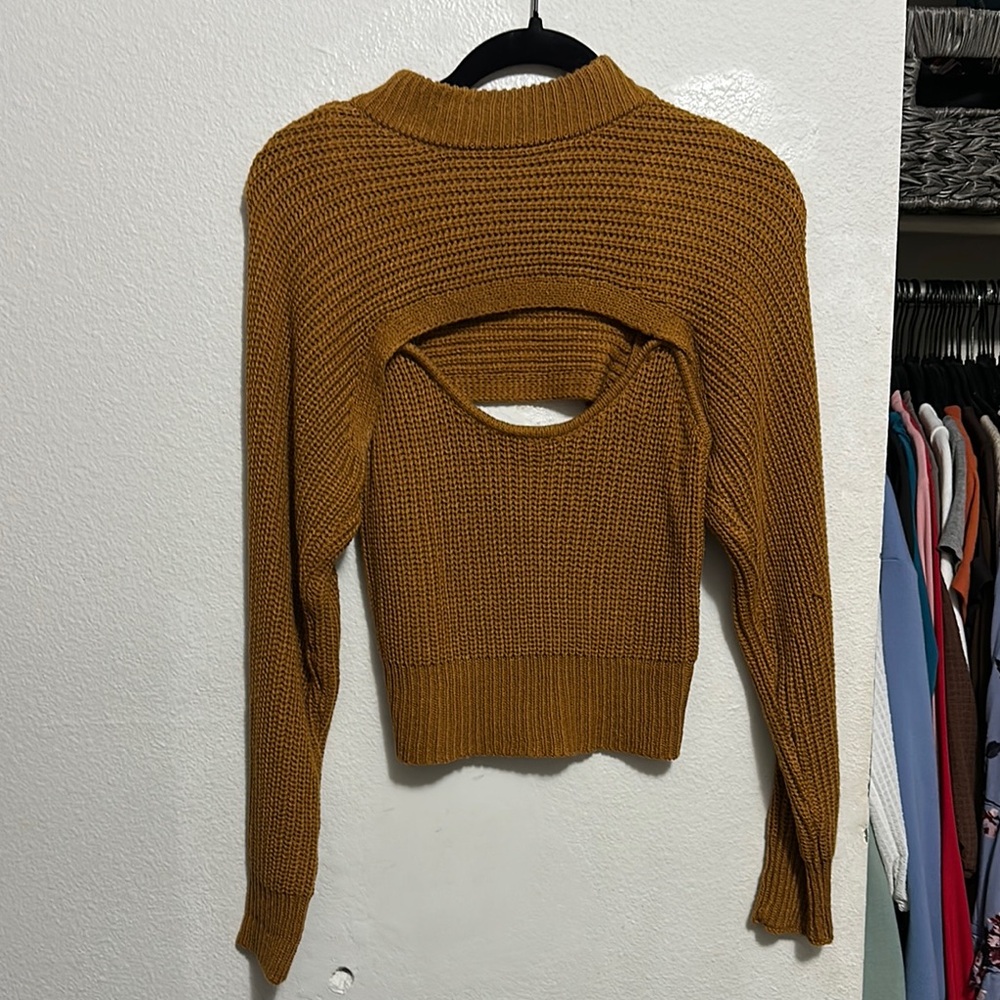 Say What? Brown Cowl Neck Sweater with Cut-Out Design